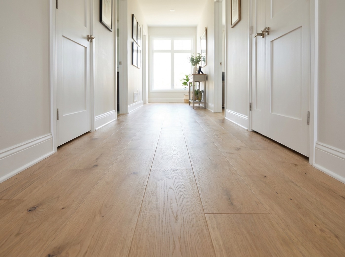 Wide-plank wood flooring in a hallway