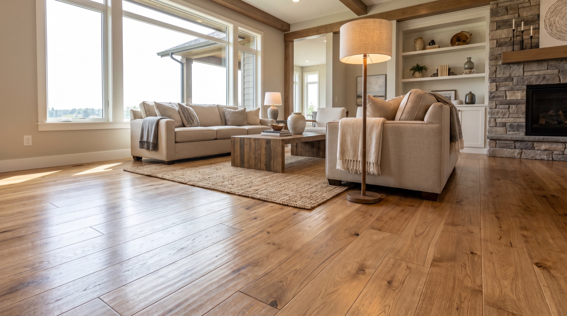 Finished living room with new hardwood floor in daylight