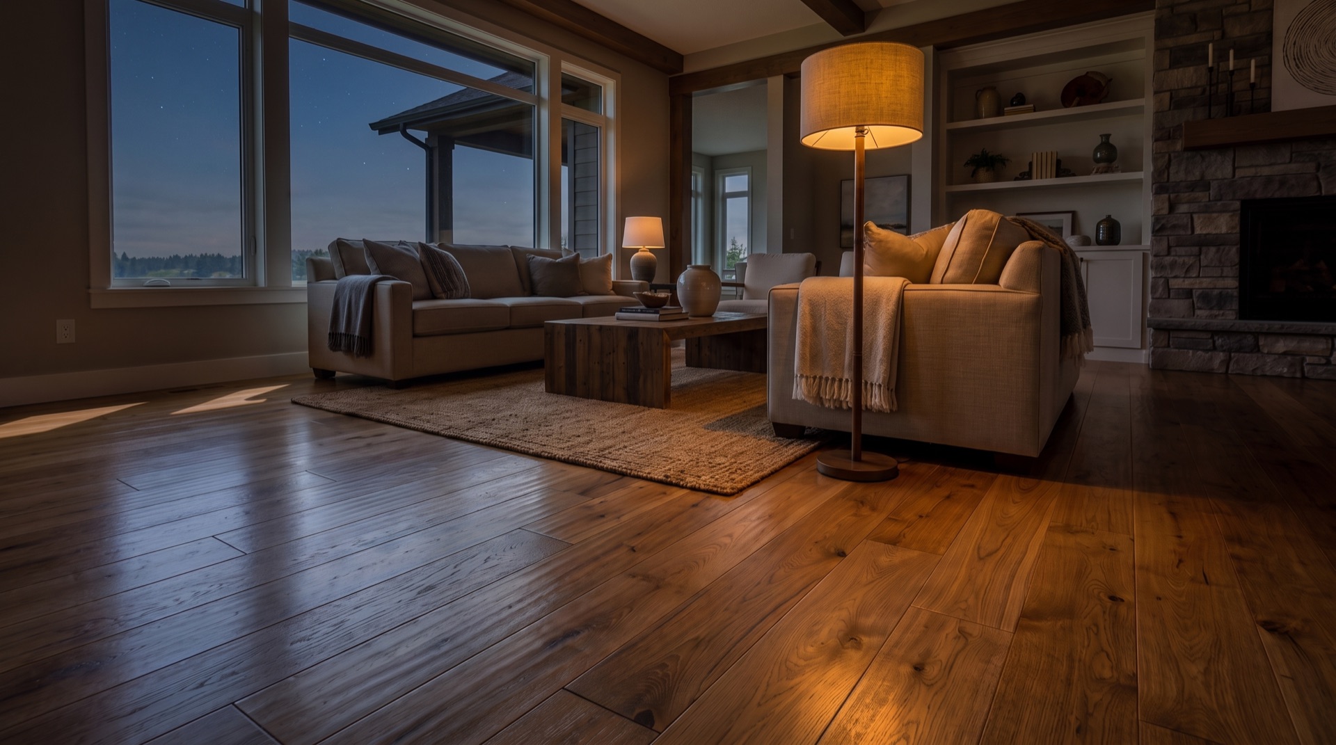 The same living room at night, warmly lit